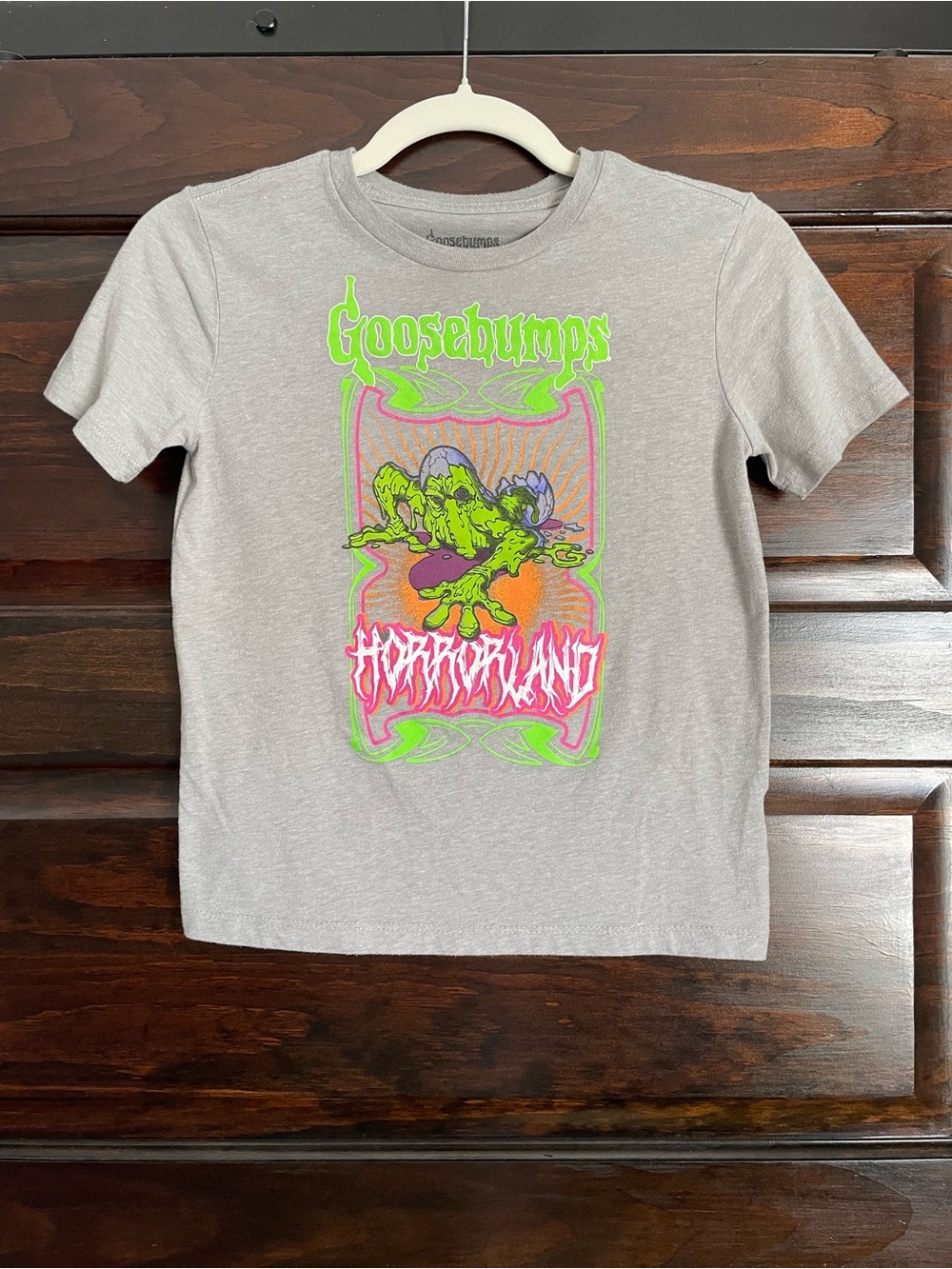 Old Navy Gray Goosebumps Glow Graphic Tee with Neon Green & Pink Artwork